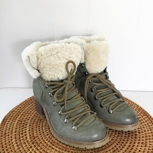 Steven Madden Army Green Heeled Combat Boots With Fur Winer Size 6.5 Leather